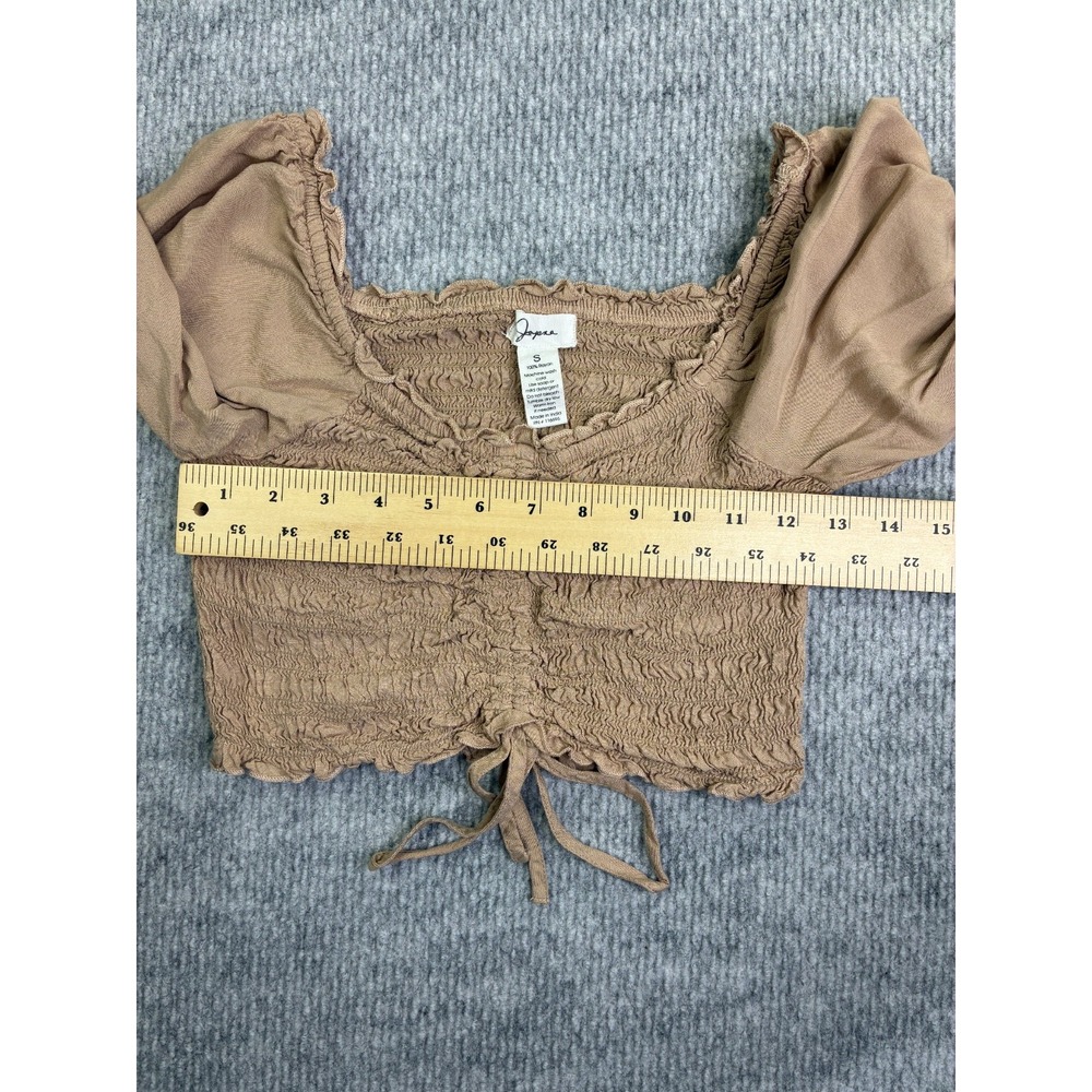 Japna Women's S Tan Smocked Ruched Crop Top Long Puff Sleeve Cottagecore Boho - Picture 4 of 5